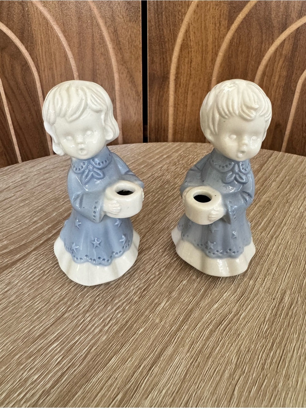 Vintage Pair of Blue and Cream Ceramic Angel Candle Holders
